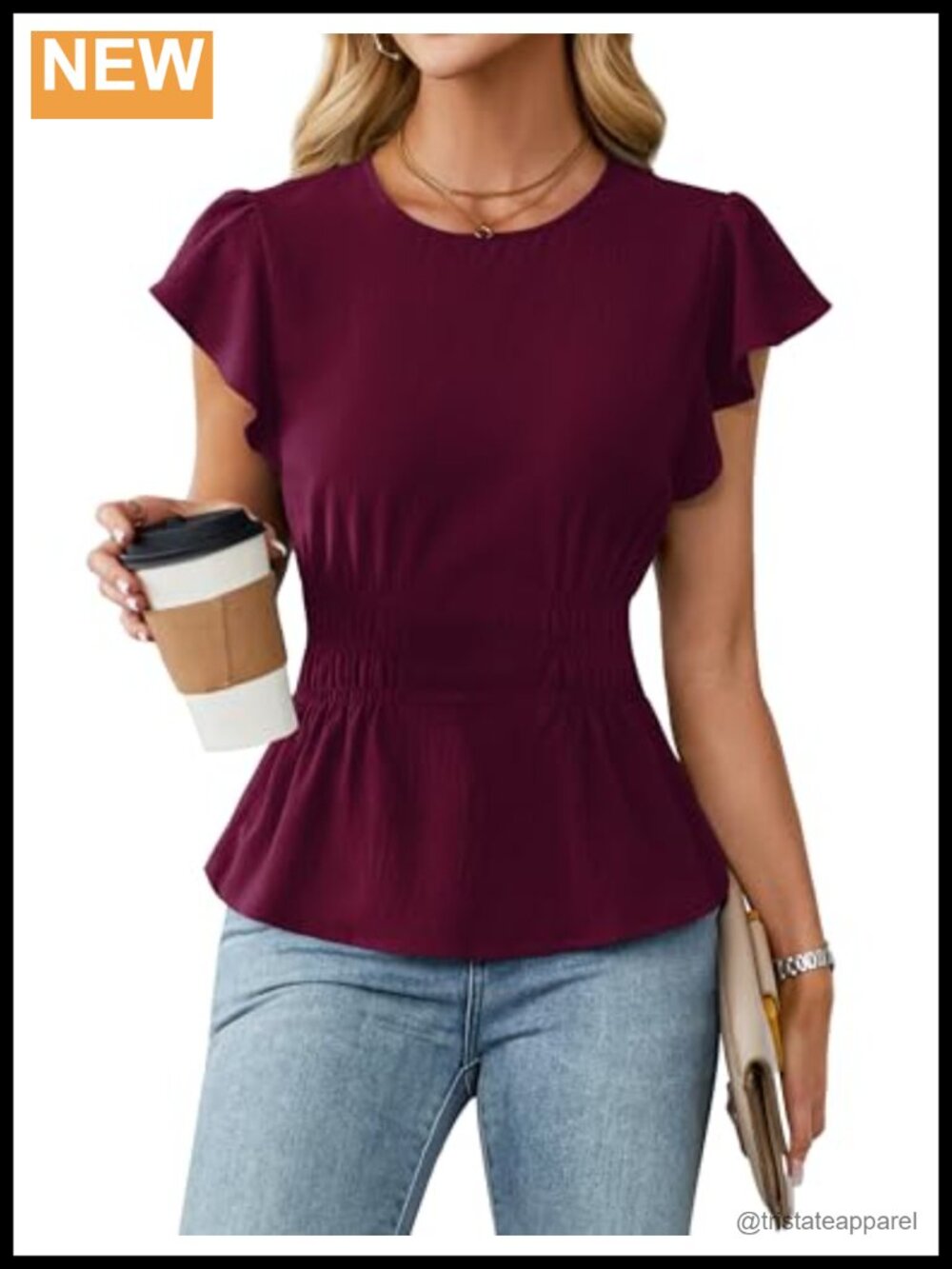 Womens Peplum Top Smocked Waist Ruffle Sleeve Business Casual Blouse